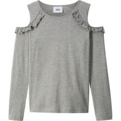 Shirt z długim rękawem i falbanami bonprix jasnoszary melanż. Szare bluzki dziewczęce marki bonprix, bez wzorów, z bawełny, bez kołnierzyka, z długim rękawem, długie, bez kaptura. Za 34,99 zł.