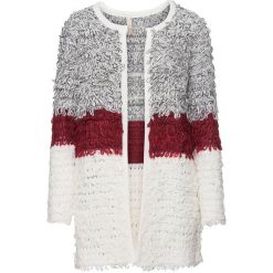 Sweter bez zapięcia z przędzy z długim włosem bonprix biało-czarno-ciemnoczerwony. Białe swetry damskie bonprix, bez wzorów, z dzianiny, z długim rękawem, długie, bez kaptura. Za 129,99 zł.