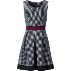 Sukienka w groszki bonprix ciemnoniebieski w groszki. Niebieskie sukienki hiszpanki bonprix, w grochy, z materiału, z okrągłym kołnierzem, na ramiączkach, rozkloszowane. Za 89,99 zł.