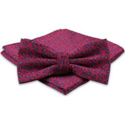 Czerwona Mucha Męska -ALTIES- z Taką Samą Poszetką, w Granatowe Kwiaty MUALTS0438. Czerwone muszki męskie Alties, w paski, eleganckie. Za 39,00 zł.