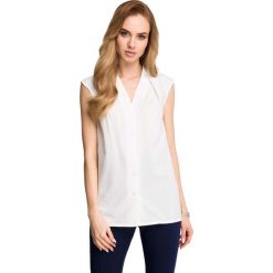 Ecru Elegancka Koszulowa Bluzka bez Rękawów z Zakładkami. Szare podkoszulki damskie Molly.pl, s, bez wzorów, z jeansu, eleganckie, ze stójką, bez rękawów. Za 89,90 zł.