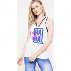 Reebok - Top. Szare topy damskie Reebok, l, z nadrukiem, z bawełny, z okrągłym kołnierzem. W wyprzedaży za 59,90 zł.