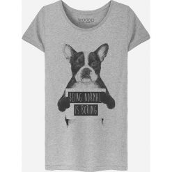 Koszulka "Being normal is boring" w kolorze szarym. Szare koszulki damskie Wooop, xl, z bawełny, z okrągłym kołnierzem. W wyprzedaży za 59,95 zł.
