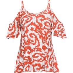 Shirt off-shoulder bonprix czerwony cynamonowy wzorzysty. Czerwone koszulki damskie bonprix, bez wzorów, z elastanu, bez kołnierzyka, bez rękawów. Za 49,99 zł.