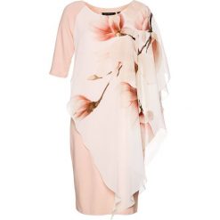 Sukienka tunikowa bonprix beżowy-magenta w kwiaty. Brązowe sukienki damskie bonprix, z aplikacjami, z szyfonu, z asymetrycznym kołnierzem, bez rękawów, asymetryczne. Za 129,99 zł.