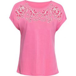 Shirt w kwiaty bonprix matowy różowy melanż. Różowe koszulki damskie bonprix, w kwiaty, z okrągłym kołnierzem. Za 54,99 zł.