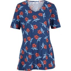 Tunika shirtowa z bawełny bonprix głęboki morski niebieski w kwiaty. Niebieskie tuniki damskie bonprix, w kwiaty, z bawełny, bez kołnierzyka, bez rękawów. Za 64,99 zł.