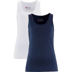 Top ze stretchem (2 szt. w opak.) bonprix ciemnoniebieski + biały. Niebieskie topy damskie bonprix, bez wzorów, z materiału, z okrągłym kołnierzem. Za 35,98 zł.