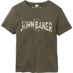 T-shirt z nadrukiem bonprix ciemnooliwkowy. Zielone koszulki męskie bonprix, s, z nadrukiem, z okrągłym kołnierzem, bez rękawów. Za 29,99 zł.