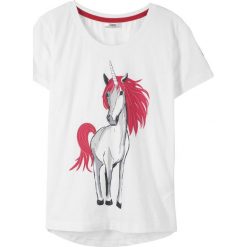 T-shirt bonprix biały. Białe bluzki dziewczęce bonprix, na lato, z nadrukiem, z bawełny, bez kołnierzyka, bez rękawów, bez kaptura. Za 24,99 zł.