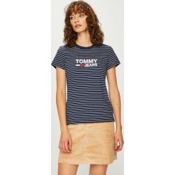Tommy Jeans - Top. Niebieskie topy damskie marki Tommy Jeans, s, z nadrukiem, z bawełny, z okrągłym kołnierzem. Za 179,90 zł.
