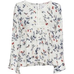 Shirt bluzkowy bonprix biel wełny z nadrukiem. Białe koszulki damskie bonprix, z nadrukiem, z wełny, z dekoltem w serek, bez rękawów. Za 79,99 zł.