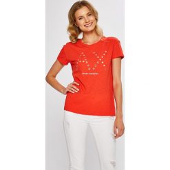 Armani Exchange - Top. Białe bluzki damskie marki Armani Exchange, s, z aplikacjami, z bawełny, z okrągłym kołnierzem. W wyprzedaży za 149,90 zł.