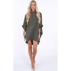 Khaki elegancka sukienka oversize 0215. Brązowe sukienki damskie Fasardi, s, bez wzorów, eleganckie, bez kołnierzyka, bez rękawów, oversize. Za 189,00 zł.