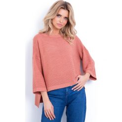 Swetrowa Morelowa Bluzka w Prążek o Kroju Oversize. Pomarańczowe bluzki damskie Molly.pl, s, bez wzorów, z asymetrycznym kołnierzem, z krótkim rękawem. Za 147,90 zł.