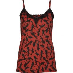 Top z koronką bonprix cynamonowo-czarny. Pomarańczowe bluzki damskie bonprix, w koronkowe wzory, z koronki, bez kołnierzyka. Za 42,99 zł.