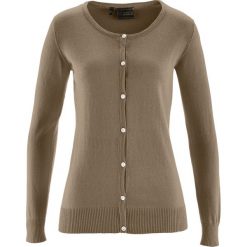 Sweter rozpinany z domieszką jedwabiu Premium bonprix zielony khaki. Zielone swetry damskie bonprix, bez wzorów, bez rękawów, bez kaptura. Za 84,99 zł.
