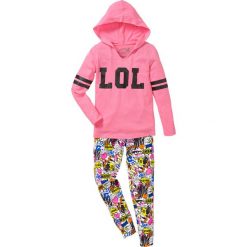 Legginsy dziewczęce: Shirt z kapturem + legginsy (2 części) bonprix różowy neonowy z nadrukiem