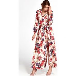 Sukienka kopertowa do kostek w kwiaty ecru - 44. Sukienki damskie e-margeritka.pl, na wiosnę, s, w kwiaty, z poliesteru, eleganckie, z długim rękawem, długie, bez kaptura. Za 189,99 zł.
