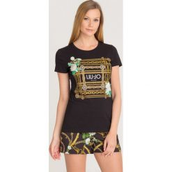 T-SHIRT LIU JO. Czarne t-shirty damskie Liu Jo, s, z nadrukiem, z elastanu, z okrągłym kołnierzem. Za 221,40 zł.