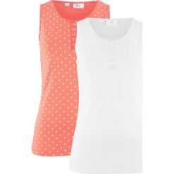 Bluzki, topy, tuniki: Top shirtowy z plisą guzikową (2 szt.) bonprix łososiowy w kropki + biały gładki