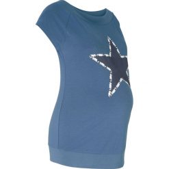 Shirt ciążowy z nadrukiem z przodu bonprix indygo. Niebieskie bluzki ciążowe bonprix, z nadrukiem, bez kołnierzyka, bez rękawów. Za 37,99 zł.