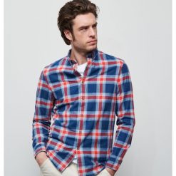 Koszula slim fit w kratę - Granatowy. Niebieskie koszule męskie Reserved, s, bez wzorów, bez kołnierzyka, bez rękawów. Za 99,99 zł.