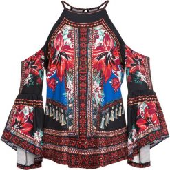 Bluzka shirtowa z wycięciami bonprix czarny z nadrukiem. Czarne bluzki damskie bonprix, z nadrukiem, bez kołnierzyka, bez rękawów. Za 99,99 zł.