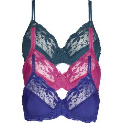 Biustonosz (3 szt.) bonprix szafirowy + fuksja + niebieskozielony morski. Czerwone biustonosze bonprix, w koronkowe wzory, z koronki. Za 74,97 zł.