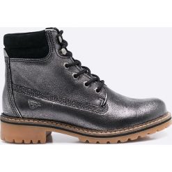 Tamaris - Botki. Szare buty zimowe damskie marki Tamaris, z materiału, z okrągłym noskiem, na obcasie, na sznurówki. W wyprzedaży za 199,90 zł.