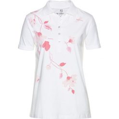 Shirt polo bonprix biało-pastelowy jasnoróżowy z nadrukiem. Białe koszulki damskie bonprix, z nadrukiem, klasyczne, polo, bez rękawów. Za 59,99 zł.