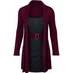 Sukienka dzianinowa bonprix jeżynowo-czarny. Fioletowe sukienki damskie bonprix, bez wzorów, z dzianiny, eleganckie, z podwójnym kołnierzykiem, bez rękawów. Za 99,99 zł.