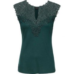 Shirt z koronką bonprix ciemnozielony. Zielone bluzki damskie bonprix, w koronkowe wzory, z koronki, bez kołnierzyka, bez rękawów. Za 69,99 zł.