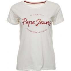 Pepe Jeans T-shirt damski Erin S kremowy. Białe koszulki damskie Pepe Jeans, s, z nadrukiem, z jeansu, bez kołnierzyka. Za 189,00 zł.