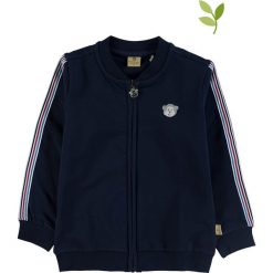 Kurtka w kolorze granatowym. Niebieskie bluzy niemowlęce Mother Nature & Me, z aplikacjami, z bawełny, bez rękawów, bez kaptura. W wyprzedaży za 82,95 zł.