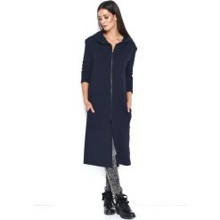 Granatowa Długa Bluza z Kapturem Zapinana na Suwak. Niebieskie bluzki damskie Molly.pl, s, bez wzorów, z bawełny, eleganckie, z kapturem, z długim rękawem. Za 148,90 zł.