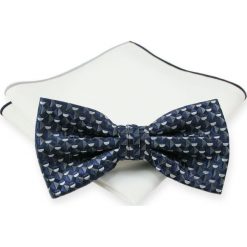 Granatowo-Szara Mucha + Biała Poszetka - Chattier, Męska MUCH0313. Niebieskie muszki męskie Chattier, na imprezę, w paski, eleganckie. Za 44,00 zł.