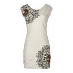 Desigual Sukienka Damska Shanon Xl Biały. Białe sukienki hiszpanki Desigual, na co dzień, xl, w kolorowe wzory, z dekoltem na plecach. W wyprzedaży za 259,00 zł.