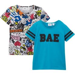 T-shirt dziewczęcy (2 szt.) bonprix ciemnoturkusowo-biały z nadrukiem. Niebieskie bluzki dziewczęce bonprix, z nadrukiem, z bawełny, bez kołnierzyka, bez rękawów, bez kaptura. Za 39,98 zł.