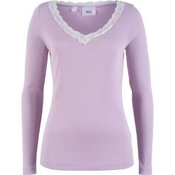 Shirt w prążek z dekoltem w serek z koronką bonprix dymny bez. Fioletowe koszulki damskie bonprix, w koronkowe wzory, z koronki, z dekoltem w serek, bez rękawów. Za 34,99 zł.