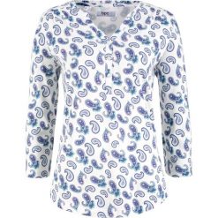 Tunika z rękawami 3/4 bonprix biel wełny "paisley". Białe tuniki damskie marki bonprix, bez wzorów, z wełny, bez kołnierzyka, bez rękawów. Za 44,99 zł.