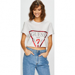 Guess Jeans - Top. Szare topy damskie marki Guess Jeans, na co dzień, l, z aplikacjami, z bawełny, casualowe, z okrągłym kołnierzem, mini, dopasowane. Za 139,90 zł.