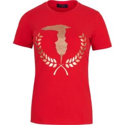T-shirt Trussardi Jeans. Czerwone koszulki damskie s, bez wzorów, z jeansu, z włoskim kołnierzykiem. Za 189,00 zł.