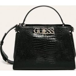 Guess Jeans - Torebka. Czarne listonoszki damskie Guess Jeans, w paski, z bawełny, na ramię, małe, bez dodatków. Za 599,90 zł.