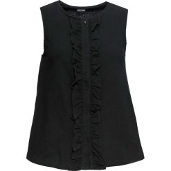Top z falbaną bonprix czarny. Czarne topy damskie bonprix, bez wzorów, bez kołnierzyka. Za 34,99 zł.