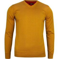 Musztardowy Elegancki Sweter Męski (V-neck) -MM Classic- w Serek, Klasyczny, Złoty SWMM1235a455musztarda. Żółte swetry męskie MM Classic, m, bez wzorów, eleganckie, z dekoltem w serek, bez kaptura. Za 119,00 zł.