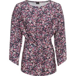 Shirt z ozdobnym przewiązaniem bonprix ciemnoniebiesko-różowo-biały w kwiaty. Niebieskie koszulki damskie bonprix, w kwiaty, bez kołnierzyka. Za 44,99 zł.