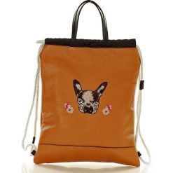FUNNY DOG Skórzany Włoski Plecak worek camel. Brązowe plecaki damskie marki MAZZINI, z haftami, ze skóry, z haftem. Za 289,00 zł.
