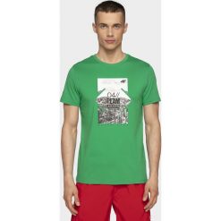 T-shirt męski TSM013 - zielony. Zielone koszulki męskie 4f, m, bez wzorów, z bawełny, bez kołnierzyka, bez rękawów. W wyprzedaży za 49,99 zł.