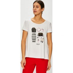 Liu Jo - Top. Białe bluzki damskie marki Liu Jo, s, z nadrukiem, z elastanu, z okrągłym kołnierzem, z krótkim rękawem. Za 399,90 zł.